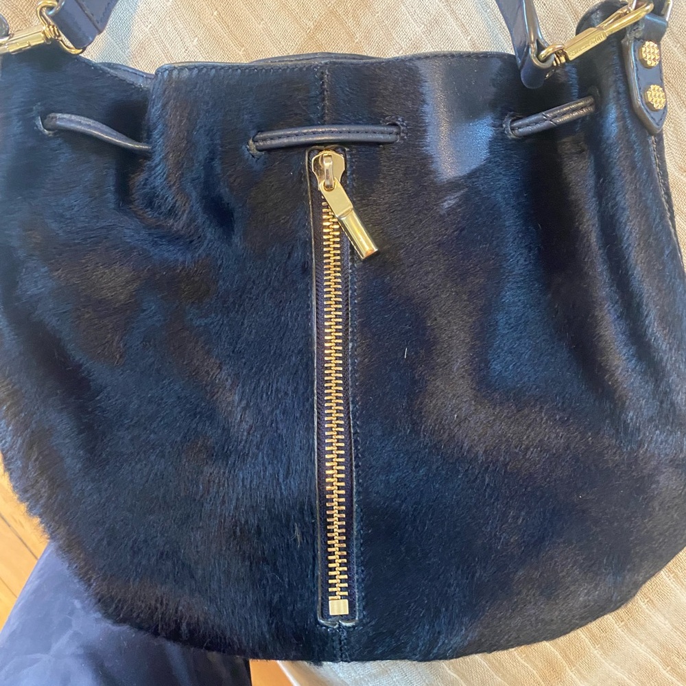 Elizabeth and James Black and Gold Shoulder Bag with Drawstring Closure